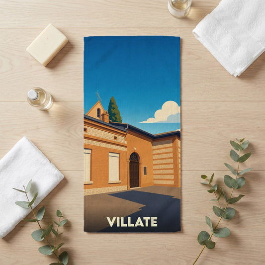 Serviette de bain souvenir de la ville de Villate avec une illustration stylisée.