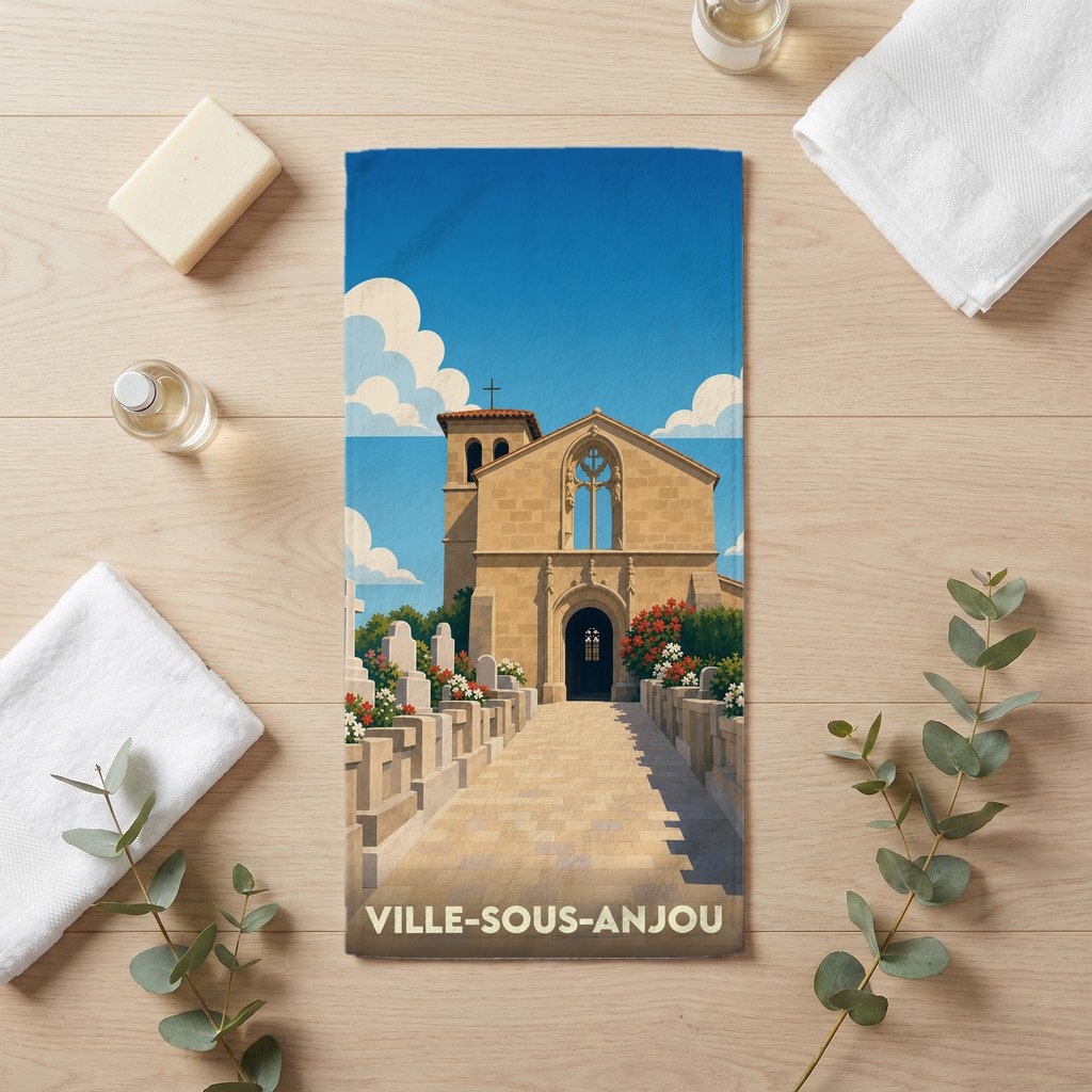 Serviette de bain souvenir de la ville de Ville-sous-Anjou avec une illustration stylisée de son église.