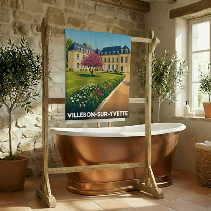 Serviette de bain souvenir de Villebon-sur-Yvette avec une illustration stylisée de son château.