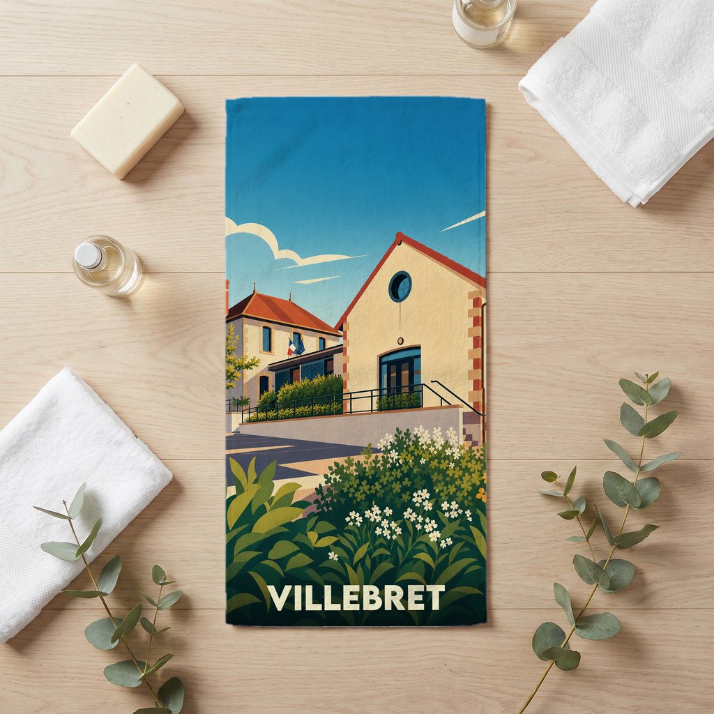 Serviette de bain souvenir de la ville de Villebret avec une illustration stylisée.