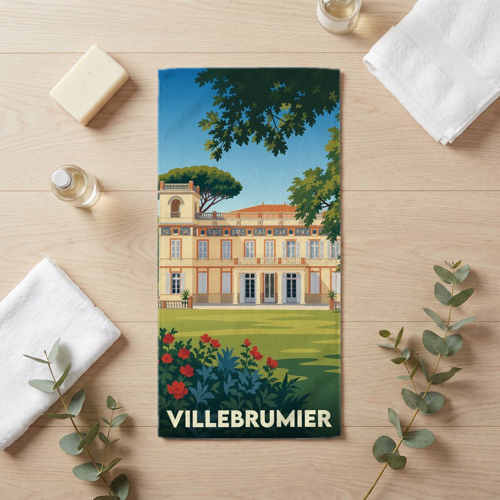 Serviette de bain souvenir de la ville de Villebrumier avec une illustration stylisée d'un château.