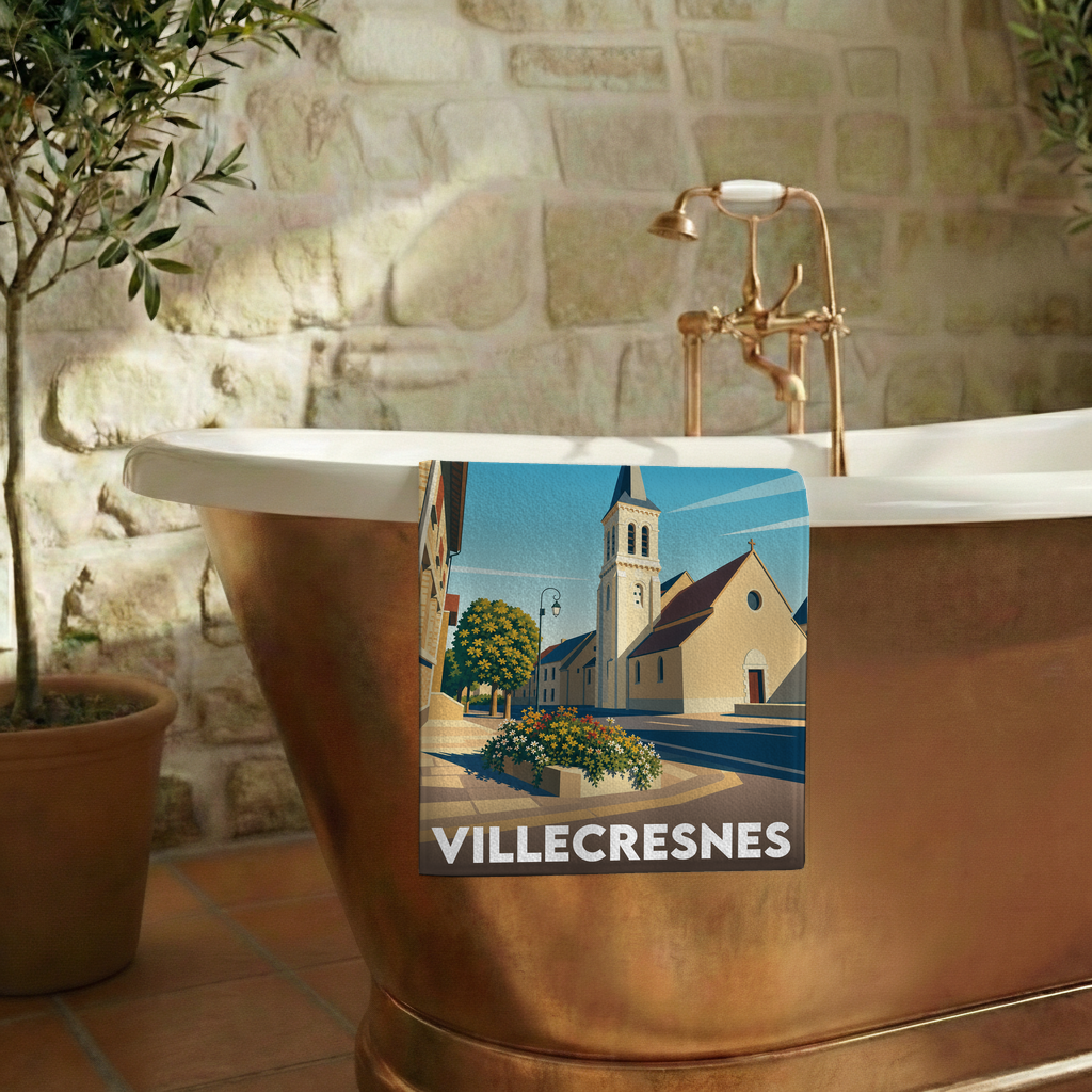Serviette de bain souvenir de la ville de Villecresnes avec une illustration stylisée.