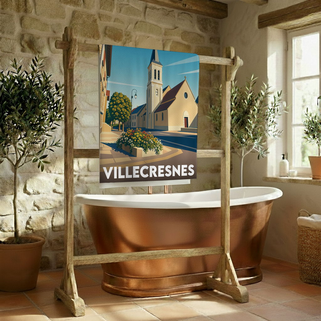 Serviette de bain souvenir de la ville de Villecresnes avec une illustration stylisée.
