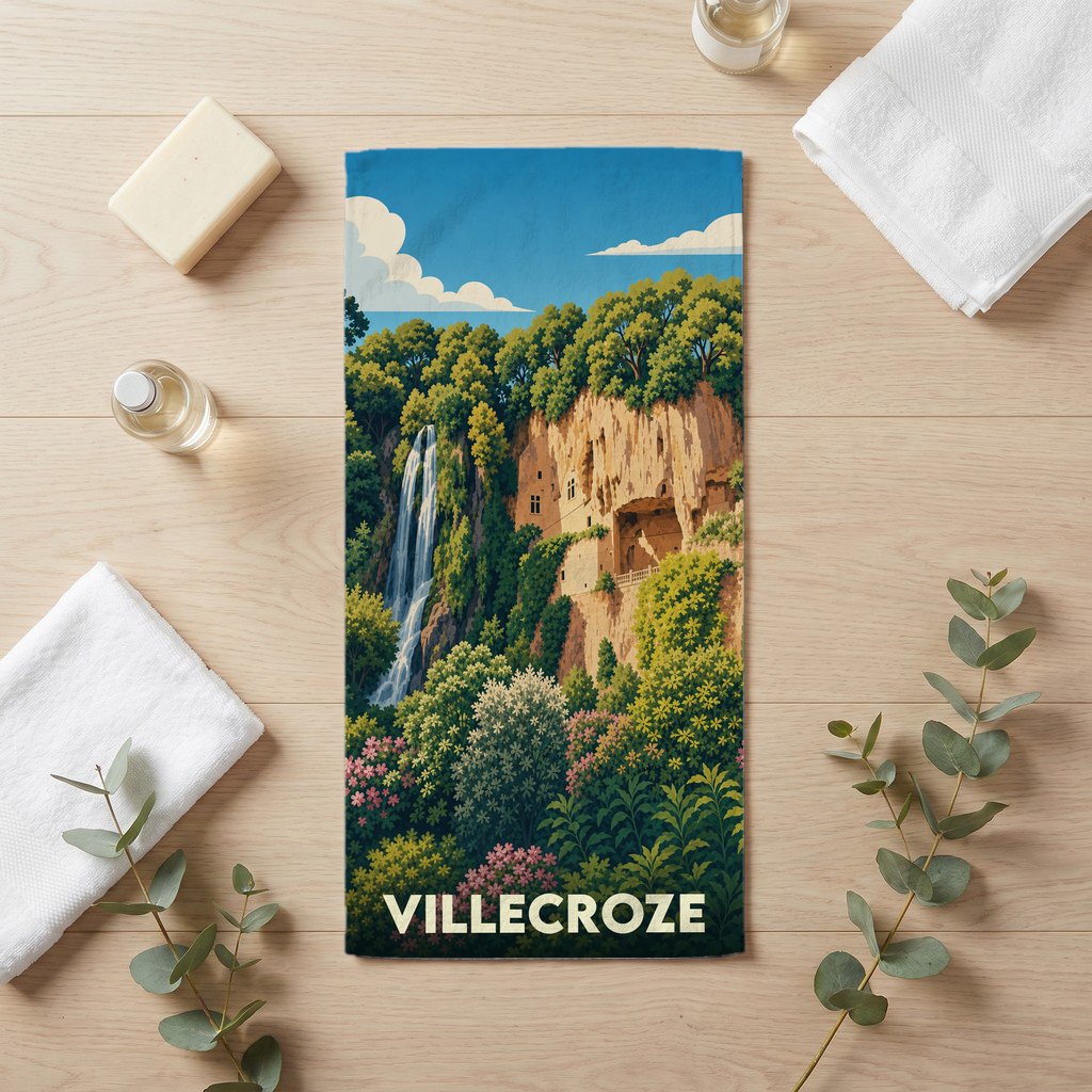 Serviette de bain souvenir de la ville de Villecroze avec une illustration stylisée de sa cascade et de ses grottes.
