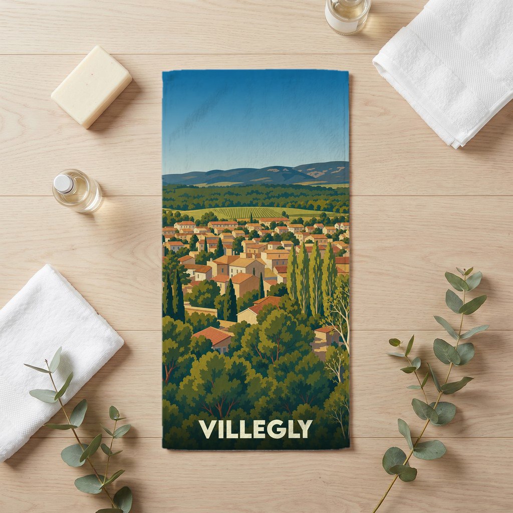 Serviette de bain souvenir de la ville de Villegly avec une illustration paysagère stylisée.
