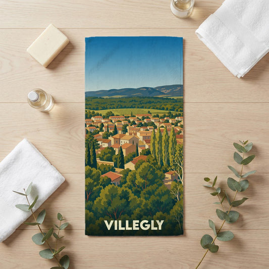 Serviette de bain souvenir de la ville de Villegly avec une illustration paysagère stylisée.