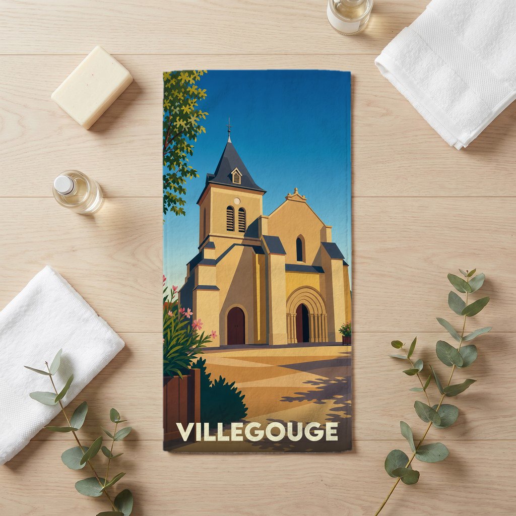Serviette de bain souvenir de la ville de Villegouge avec une illustration stylisée de son église.