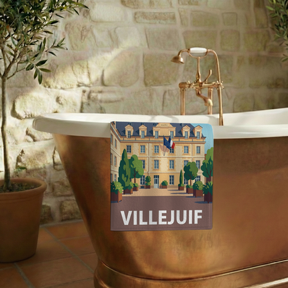Serviette de bain souvenir de la ville de Villejuif avec une illustration stylisée.