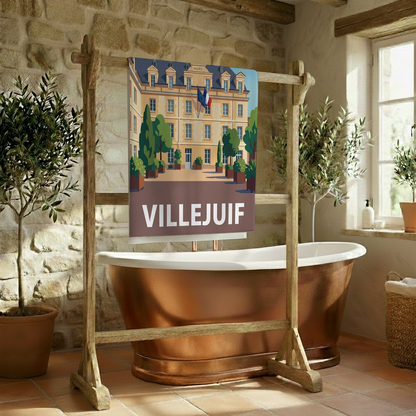 Serviette de bain souvenir de la ville de Villejuif avec une illustration stylisée.