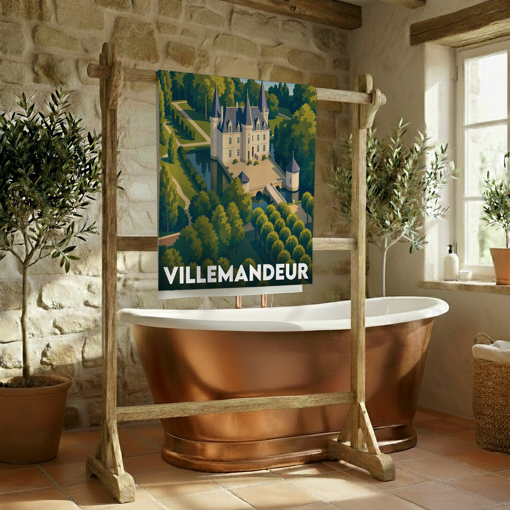 Serviette de bain souvenir de la ville de Villemandeur avec une illustration stylisée d'un château entouré de jardins.