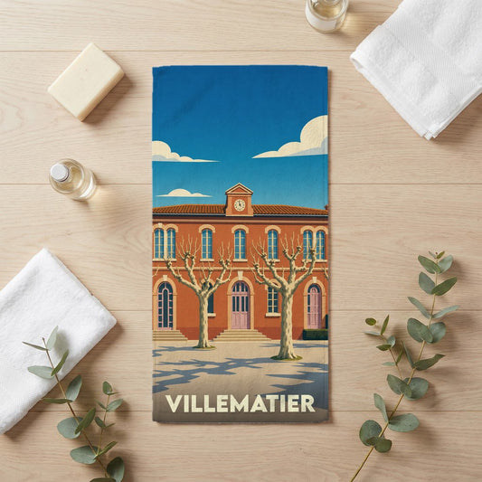Serviette de bain souvenir de la ville de Villematier avec une illustration stylisée.