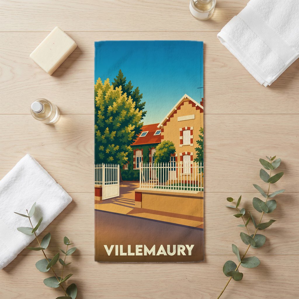 Serviette de bain souvenir de Villemaury illustrée d'un paysage urbain stylisé et coloré.