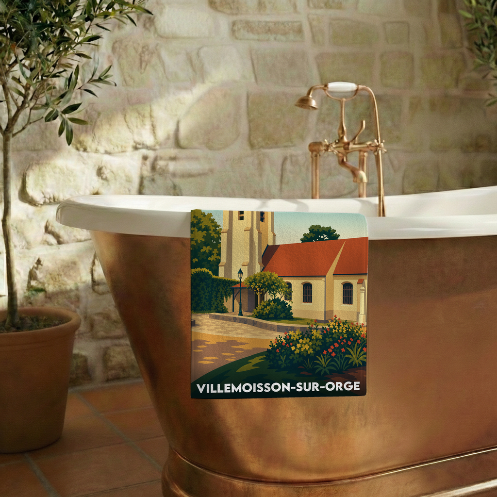 Serviette de bain souvenir de Villemoisson-sur-Orge avec une illustration stylisée de son église.
