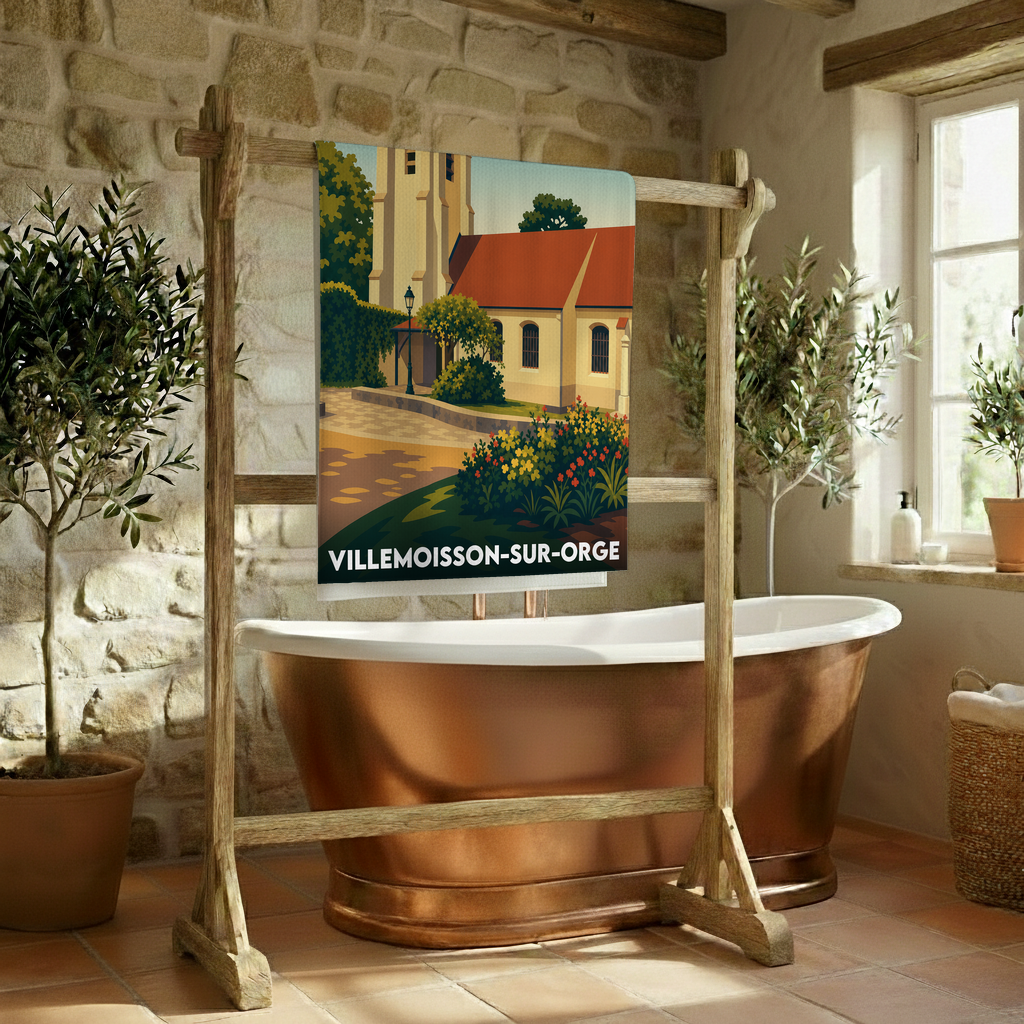 Serviette de bain souvenir de Villemoisson-sur-Orge avec une illustration stylisée de l'église et des jardins.