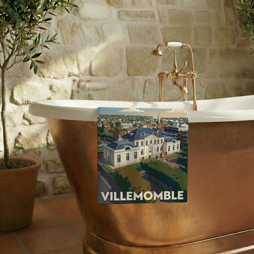 Serviette de bain souvenir de la ville de Villemomble avec une illustration stylisée.