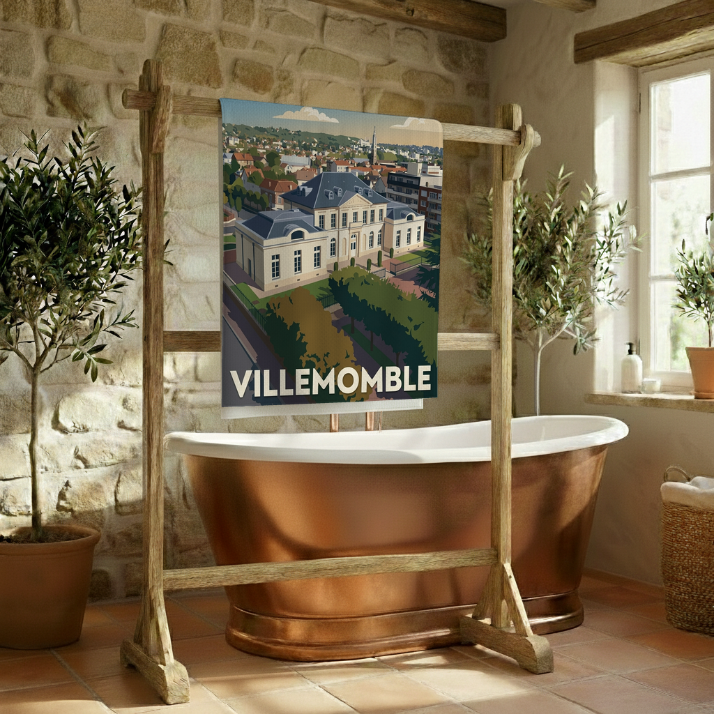 Serviette de bain souvenir de la ville de Villemomble avec une illustration stylisée.