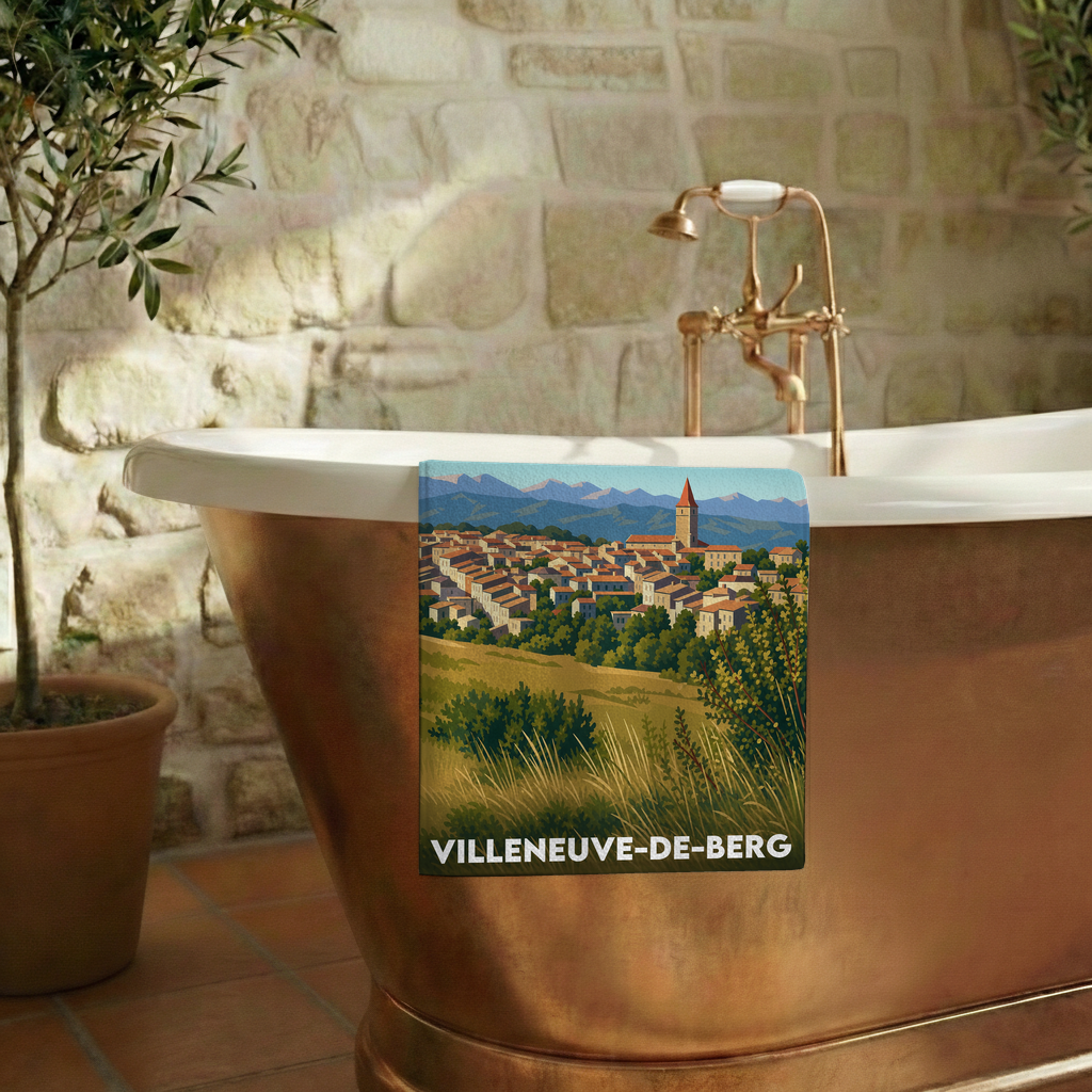 Serviette de bain souvenir de la ville de Villeneuve-de-Berg avec une illustration stylisée.