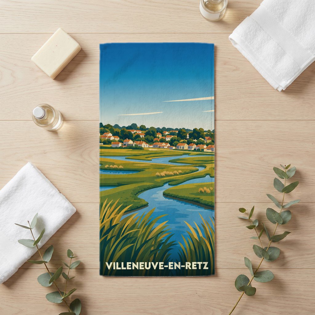 Serviette de bain souvenir de la ville de Villeneuve-en-Retz avec une illustration stylisée d'un paysage côtier.