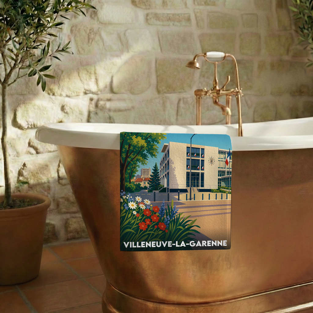 Serviette de bain souvenir de Villeneuve-la-Garenne avec une illustration stylisée.