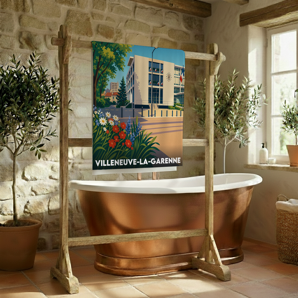 Serviette de bain souvenir de Villeneuve-la-Garenne avec une illustration stylisée de l'hôtel de ville et de jardins fleuris.
