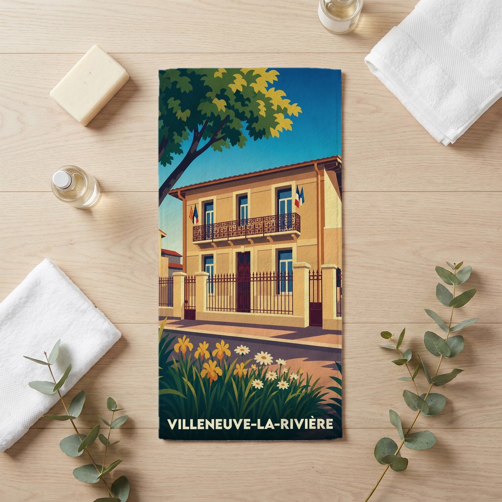 Serviette de bain souvenir de la ville de Villeneuve-la-Rivière avec une illustration stylisée.