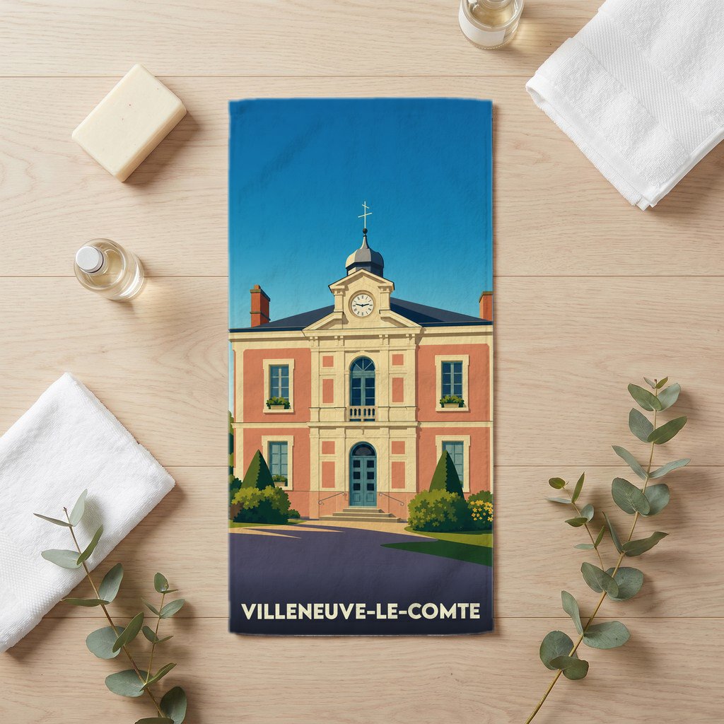 Serviette de bain souvenir de la ville de Villeneuve-le-Comte avec une illustration stylisée de sa mairie.