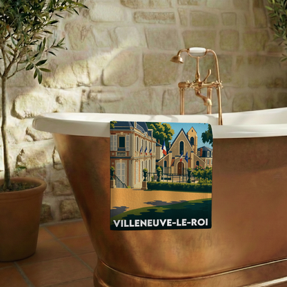 Serviette de bain souvenir de Villeneuve-le-Roi avec une illustration stylisée.