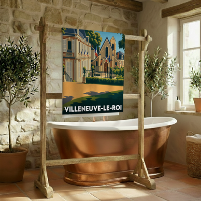 Serviette de bain souvenir de la ville de Villeneuve-le-Roi avec une illustration stylisée.