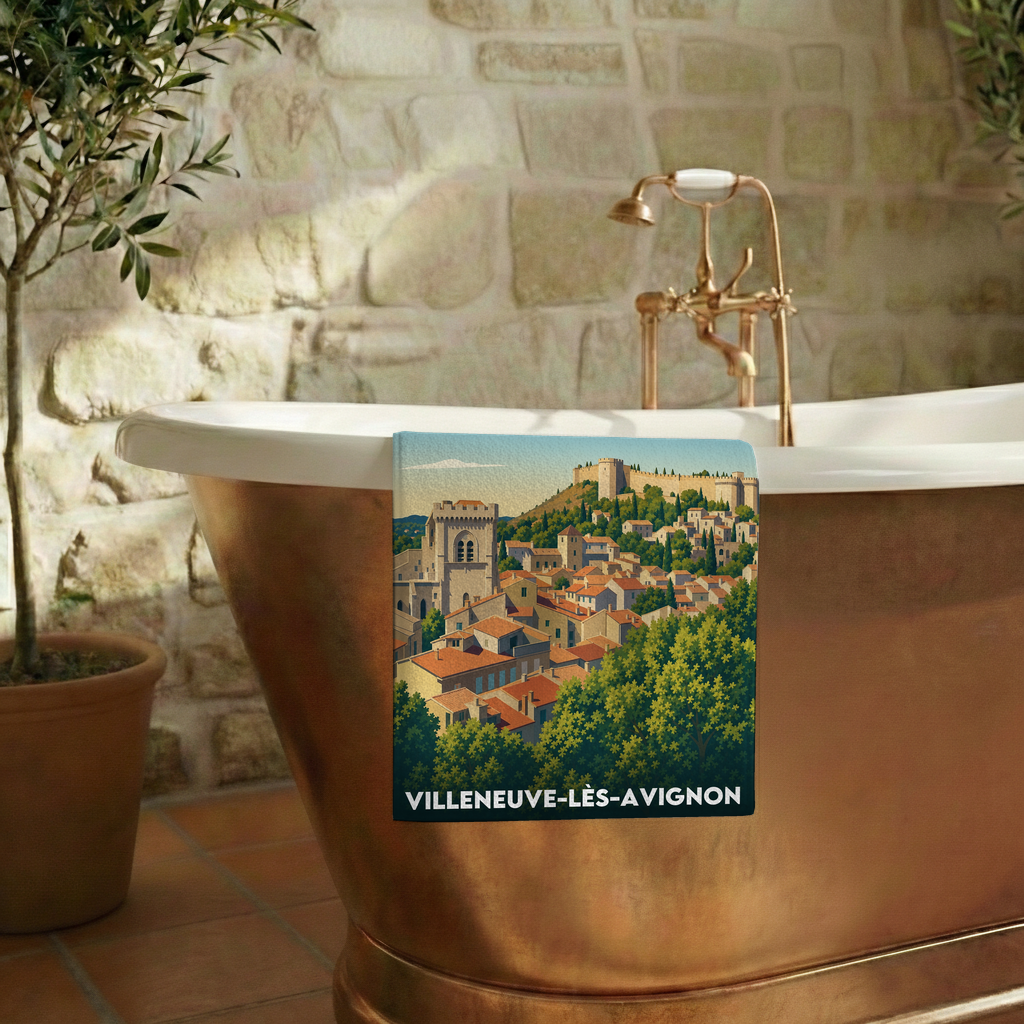 Serviette de bain souvenir de la ville de Villeneuve-lès-Avignon avec une illustration stylisée.