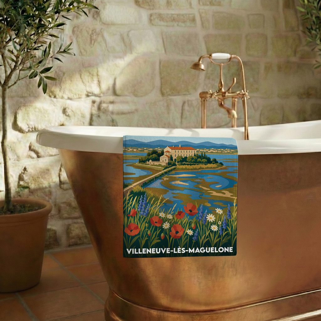 Serviette de bain souvenir de Villeneuve-lès-Maguelone avec une illustration stylisée de sa cathédrale et des étangs.