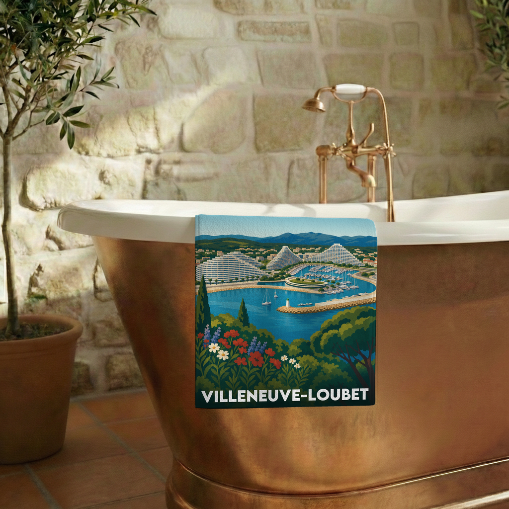 Serviette de bain souvenir de la ville de Villeneuve-Loubet avec une illustration stylisée.