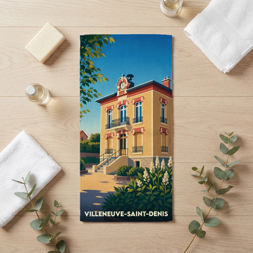 Serviette de bain souvenir de Villeneuve-Saint-Denis avec une illustration stylisée de la mairie.