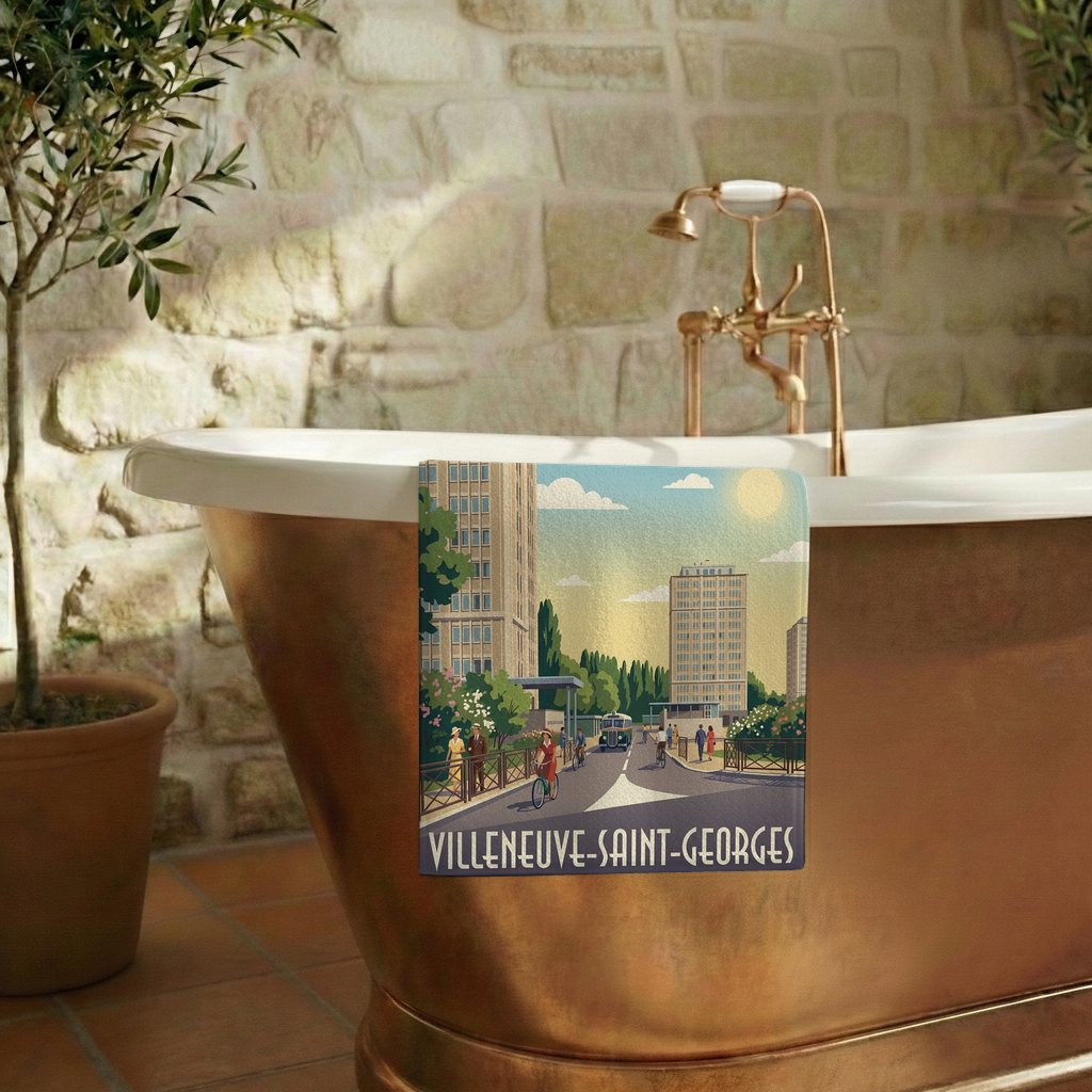 Serviette de bain souvenir de la ville de Villeneuve-Saint-Georges avec une illustration stylisée.