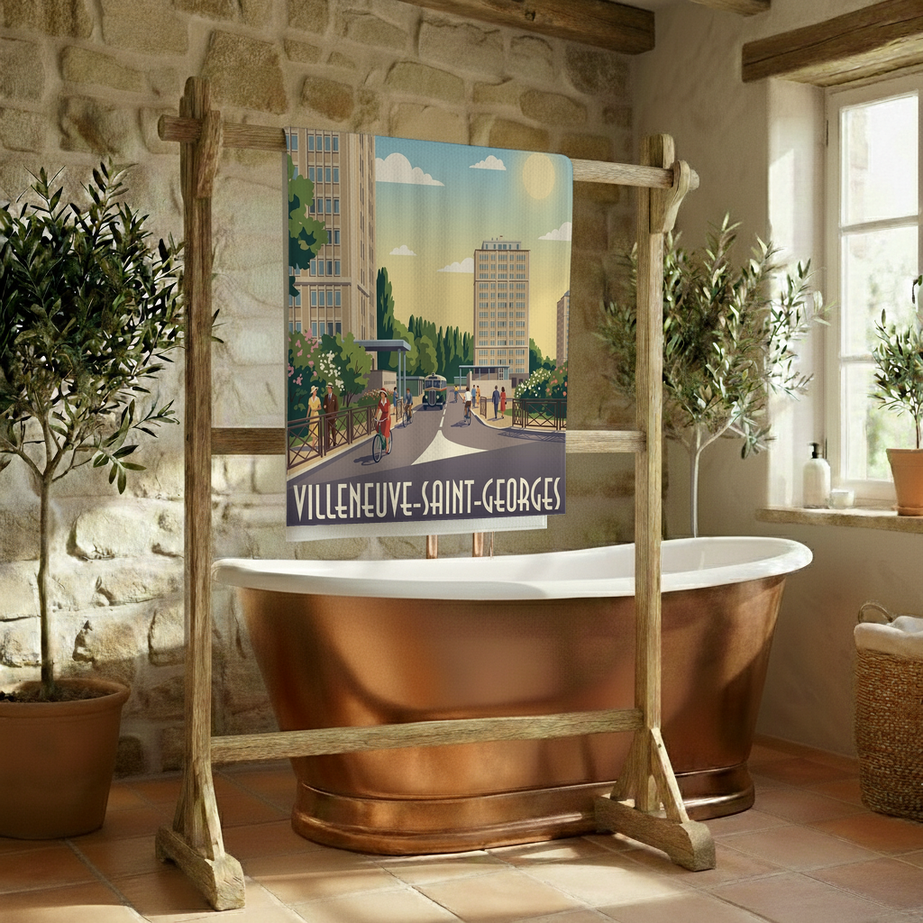 Serviette de bain souvenir de la ville de Villeneuve-Saint-Georges avec une illustration stylisée.