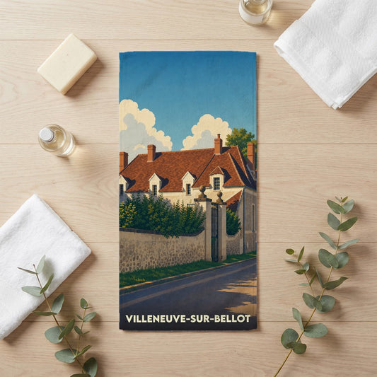 Serviette de bain souvenir de Villeneuve-sur-Bellot avec une illustration stylisée de la ville.