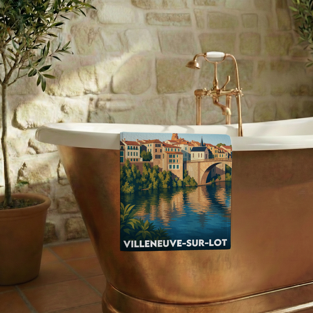 Serviette de bain souvenir de la ville de Villeneuve-sur-Lot avec une illustration stylisée.