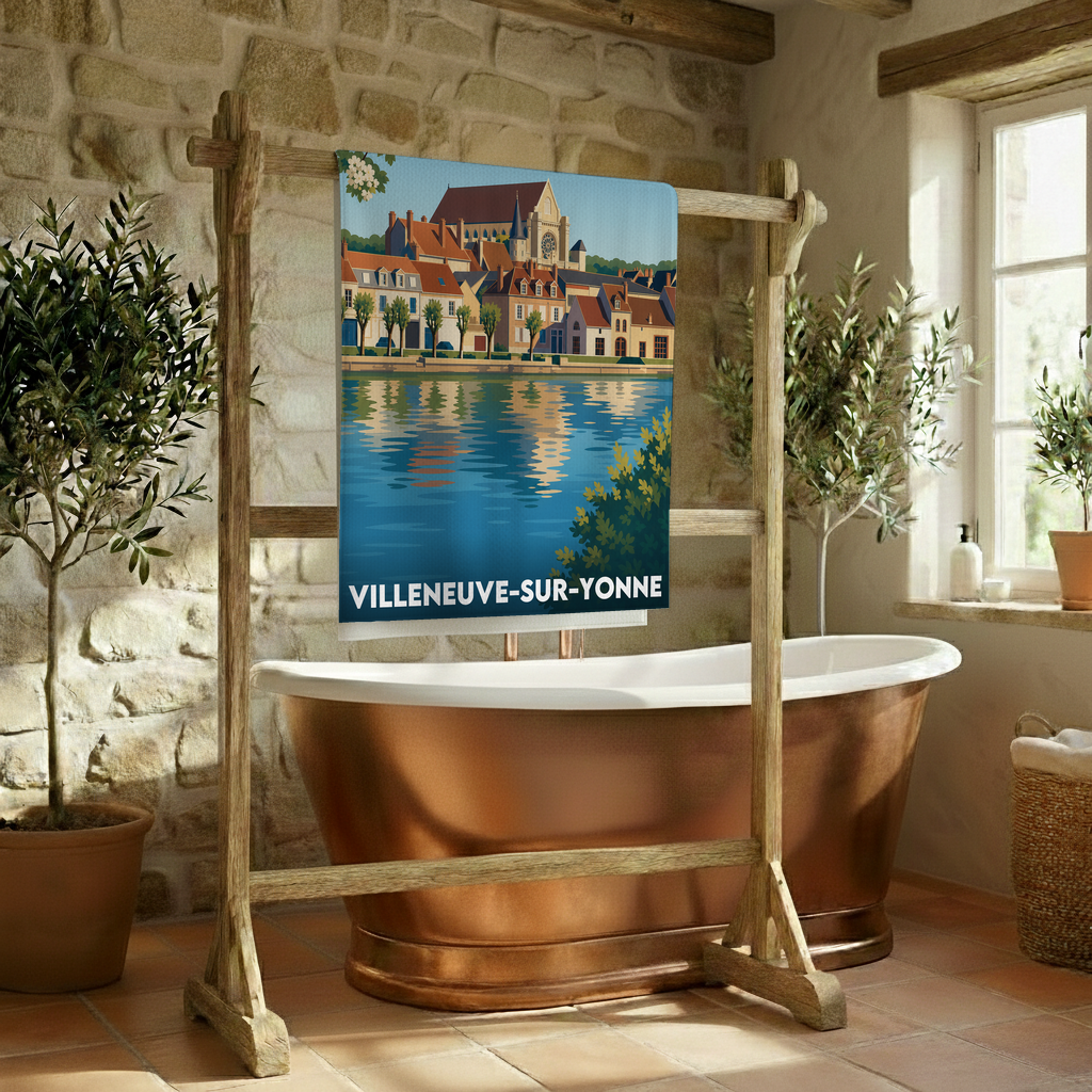 Serviette de bain souvenir de la ville de Villeneuve-sur-Yonne avec une illustration stylisée.