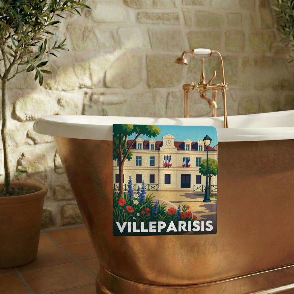 Serviette de bain souvenir de la ville de Villeparisis avec une illustration stylisée.