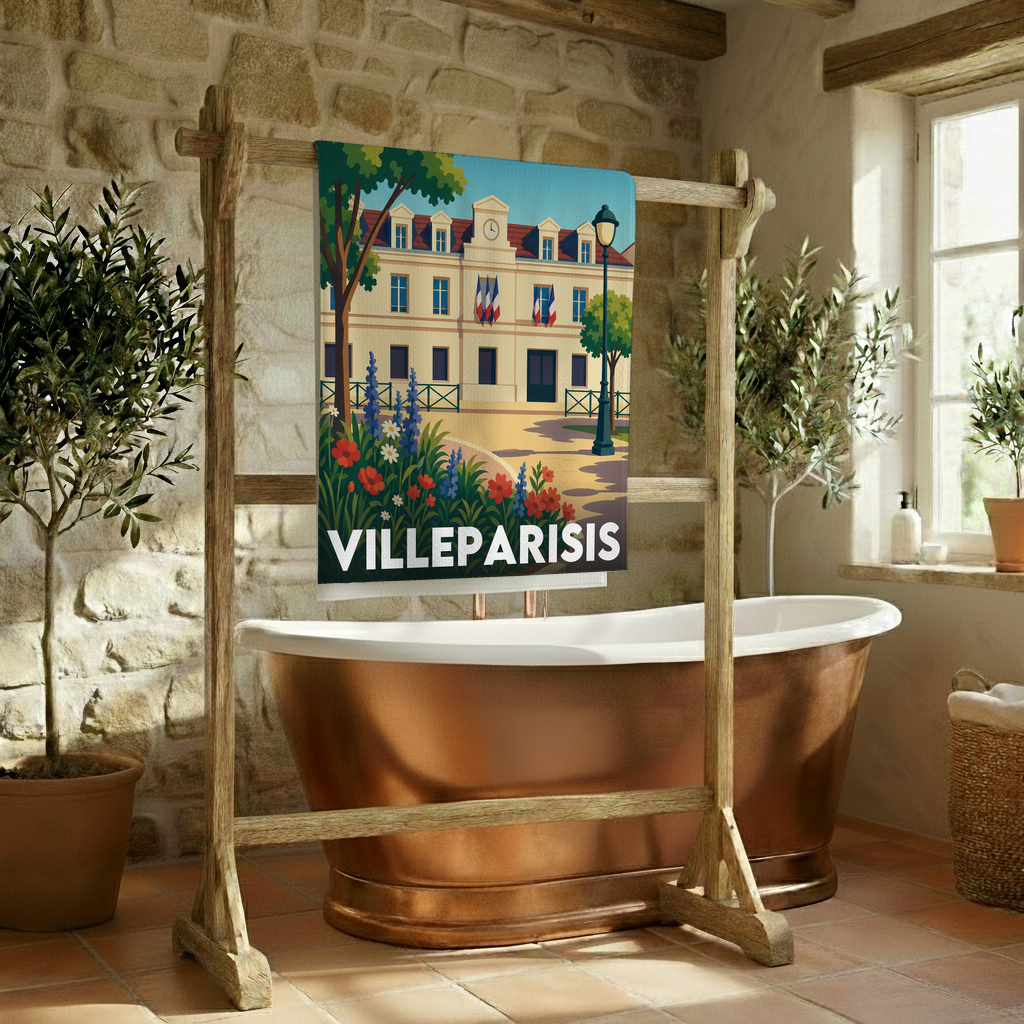 Serviette de bain souvenir de la ville de Villeparisis avec une illustration stylisée.