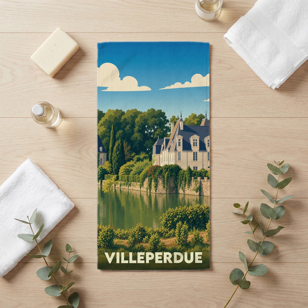 Serviette de bain souvenir de Villeperdue avec une illustration stylisée d'un château au bord de l'eau.