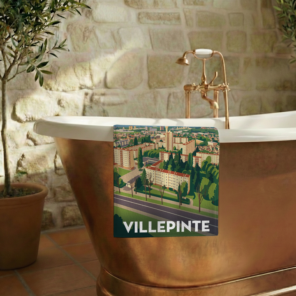 Serviette de bain souvenir de la ville de Villepinte avec une illustration stylisée.