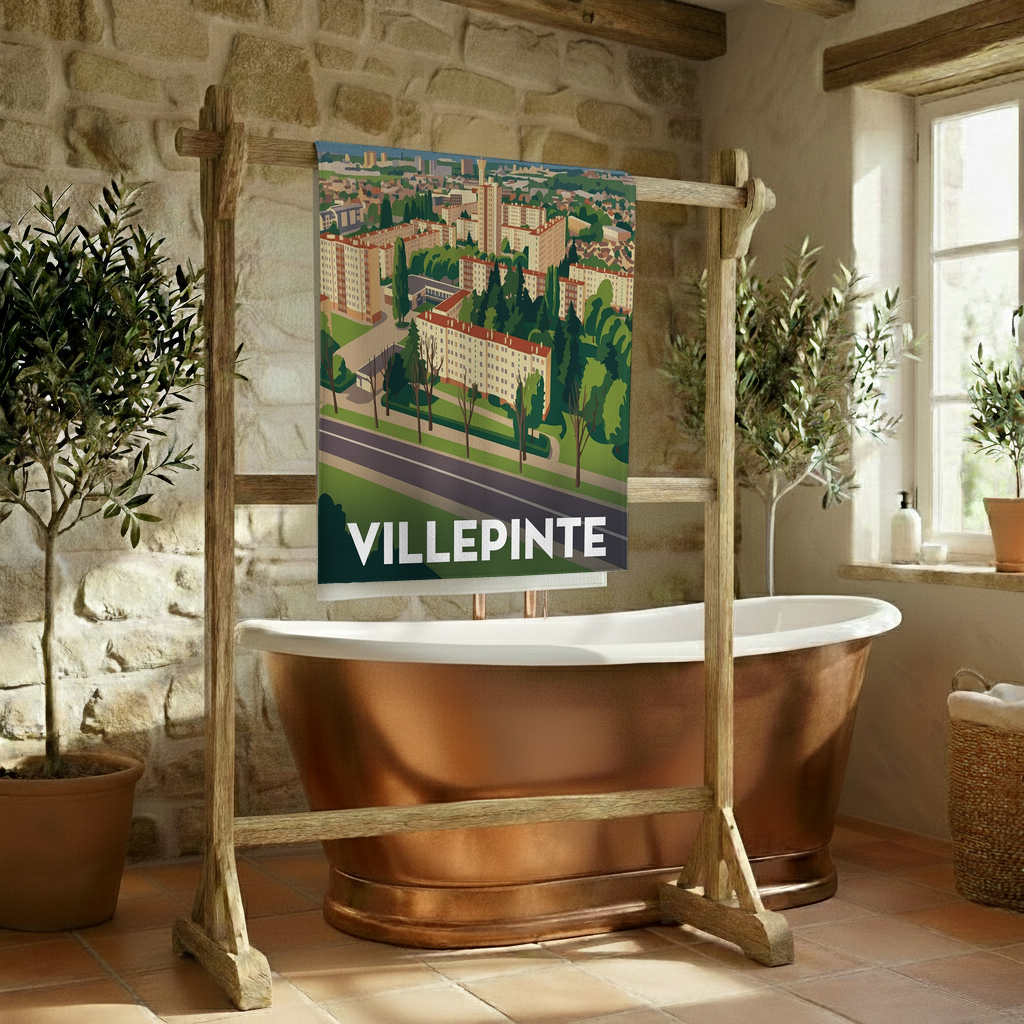 Serviette de bain souvenir de la ville de Villepinte avec une illustration stylisée de son paysage urbain.