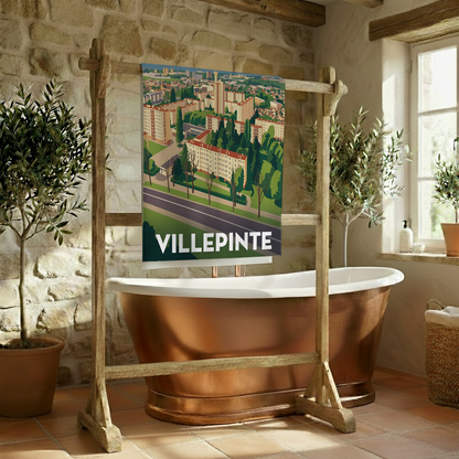 Serviette de bain souvenir de la ville de Villepinte avec une illustration stylisée de son paysage urbain.