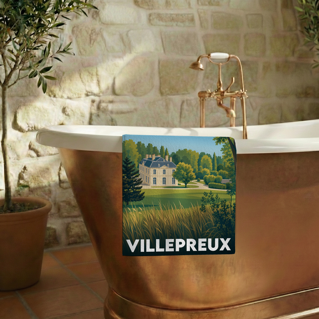 Serviette de bain souvenir de la ville de Villepreux avec une illustration stylisée d'un château.