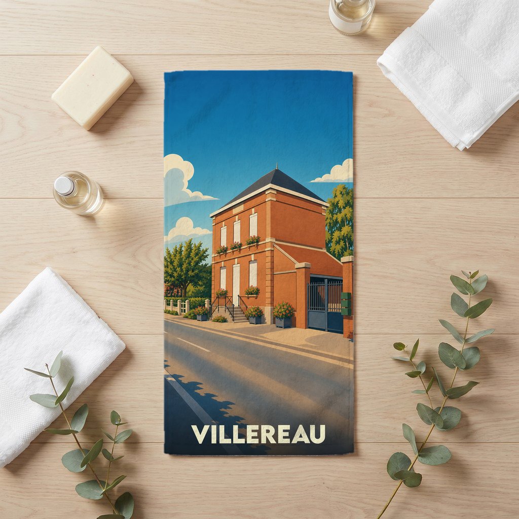 Serviette de bain souvenir de la ville de Villereau avec une illustration stylisée.