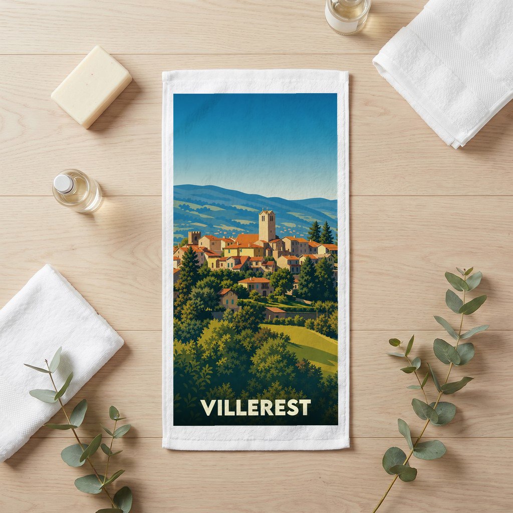 Serviette souvenir de la ville de Villerest avec une illustration stylisée de son paysage vallonné.
