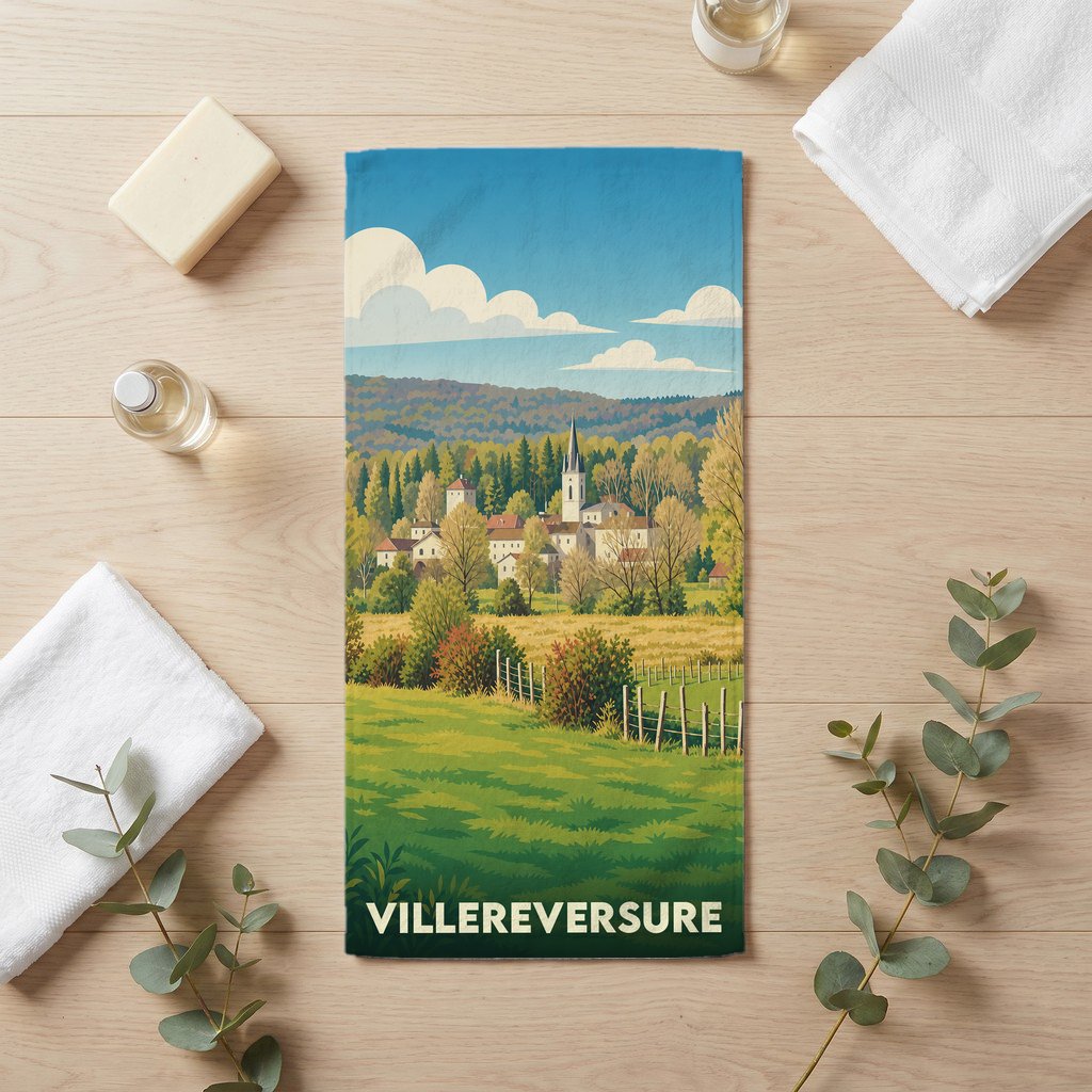 Serviette de bain souvenir de la ville de Villereversure avec une illustration paysagère stylisée.