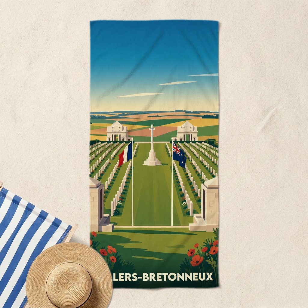 Serviette de bain souvenir de Villers-Bretonneux illustrant le mémorial national australien dans un style vintage.