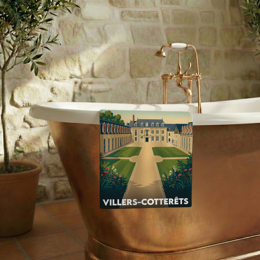 Serviette de bain souvenir de la ville de Villers-Cotterêts avec une illustration stylisée de son château.
