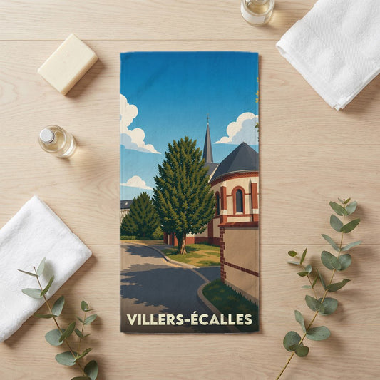 Serviette de bain souvenir de la ville de Villers-Écalles avec une illustration stylisée.